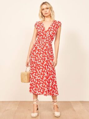Reformation Red Floral Wrap Midi Dress